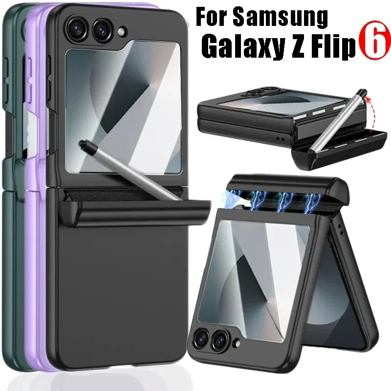 Color: Clear, Bundle: Case & Screen Protector - For Samsung Galaxy Z Flip 6 Magnetic Phone Case with Stylus Pen Hinge Protection Drop-Proof Protective Shell for Z Flip6 Covers