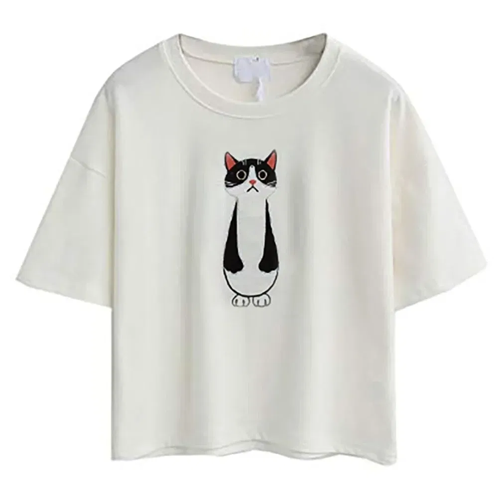 Color: GRAY, Size: S, Ships From: CHINA - 2021 Summer Cotton Short Sleeved Crop Top T-shirt Femme Embroidered Cat T Shirts Cartoon Women Fashion Cactus Top Tee T Shirt