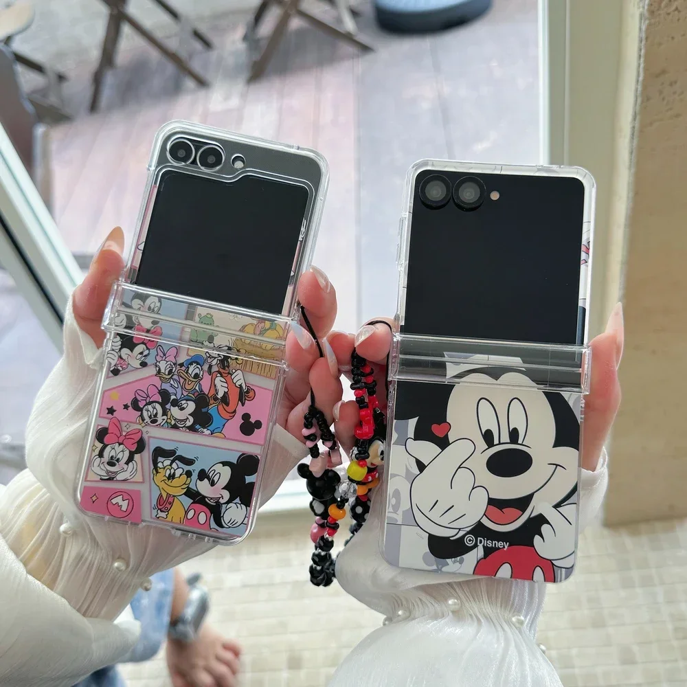 Material: aluminum, Color: Clear - Cute Cartoon Disney Mickey Minnie Mouse Phone Case For Samsung Galaxy Z Flip 7 6 5 4 3 Stand Holder Case Hard Cover With Lanyard