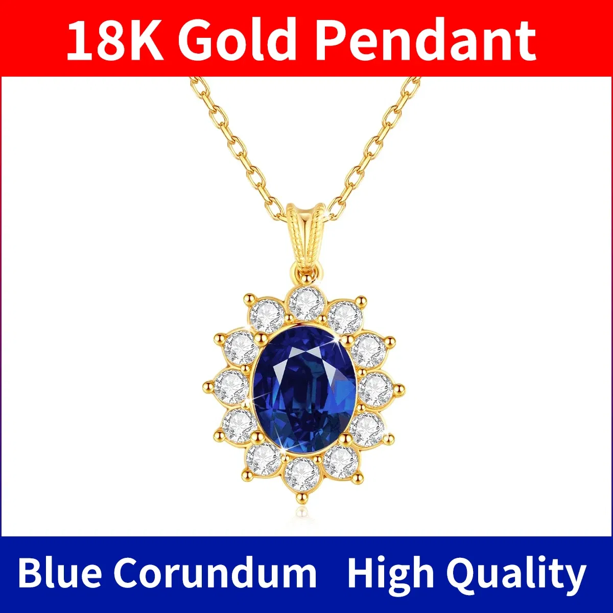 Gem Color: Black, Ships From: CHINA - Szjinao Real Blue Corundum18k Gold Necklace With Certificate Women Princess Kate Pendant K Gold Jewelry AU750 Stamp Wedding Gift