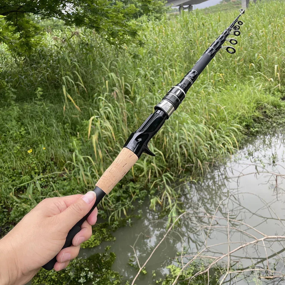 length: 1.5m, Color: Red - Telescopic Lure Rod 1.5M 1.8M 2.1M 2.4M Carbon Spinning Rod Baitcasting Fishing Pole 8g-25g Wooden Handle Casting Fishing Tackle