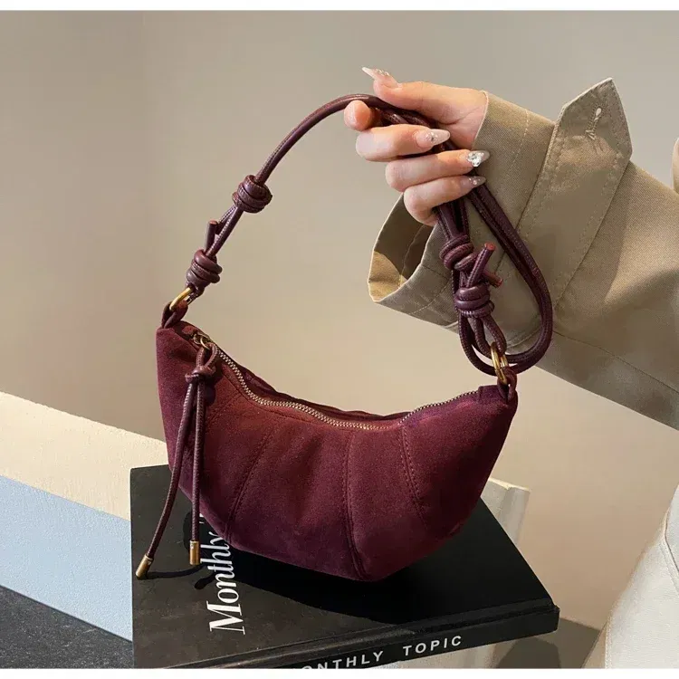 Color: Burgundy - Velvet Material Zipper 2024 High Quality Shoulder Bag Solid Color Simple Fashionable Crossbody Bag Soft Western Style Handbag