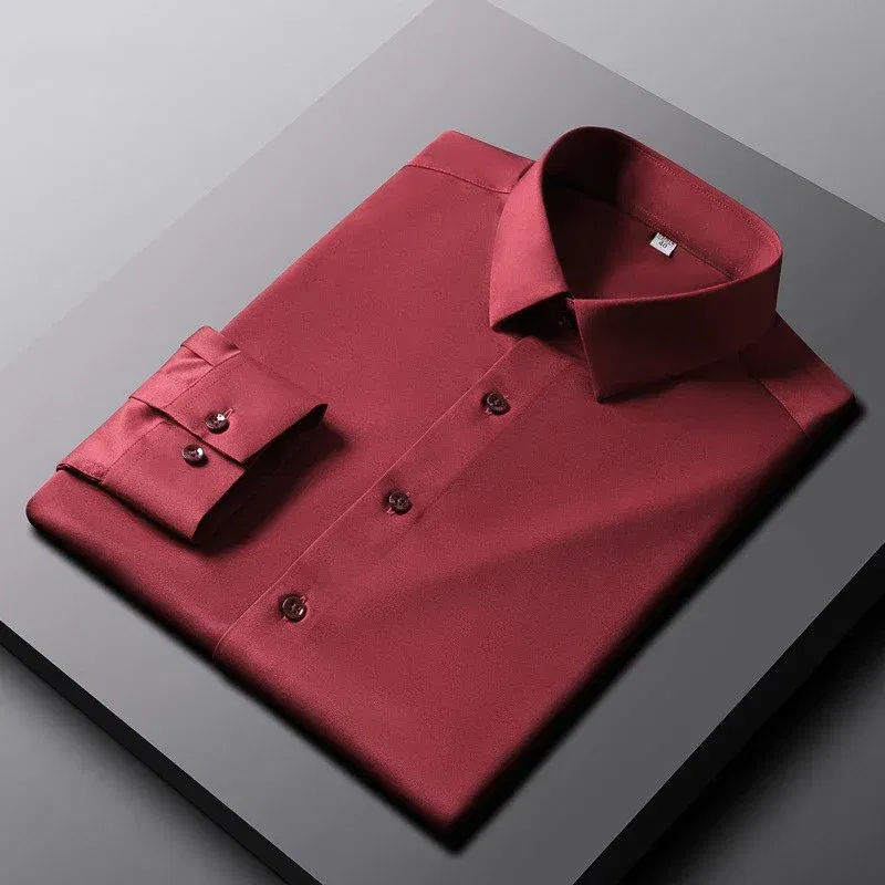 Color: Red, Size: L - Men's Casual and Fashionable Long Sleeved Solid Color Shirt Non Ironing and Wrinkle Resistant Business Top
