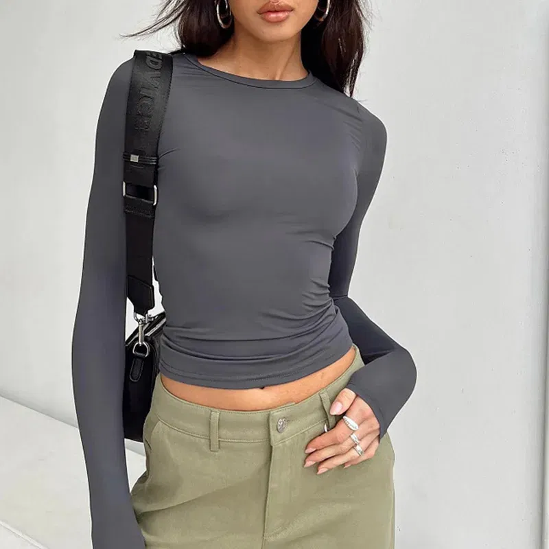 Color: GRAY, Size: S - Women Casual Long Sleeve T-Shirts Spring Autumn Solid Slim Fit Pullovers Tees Shirts Female Streetwear Base Tees Tops