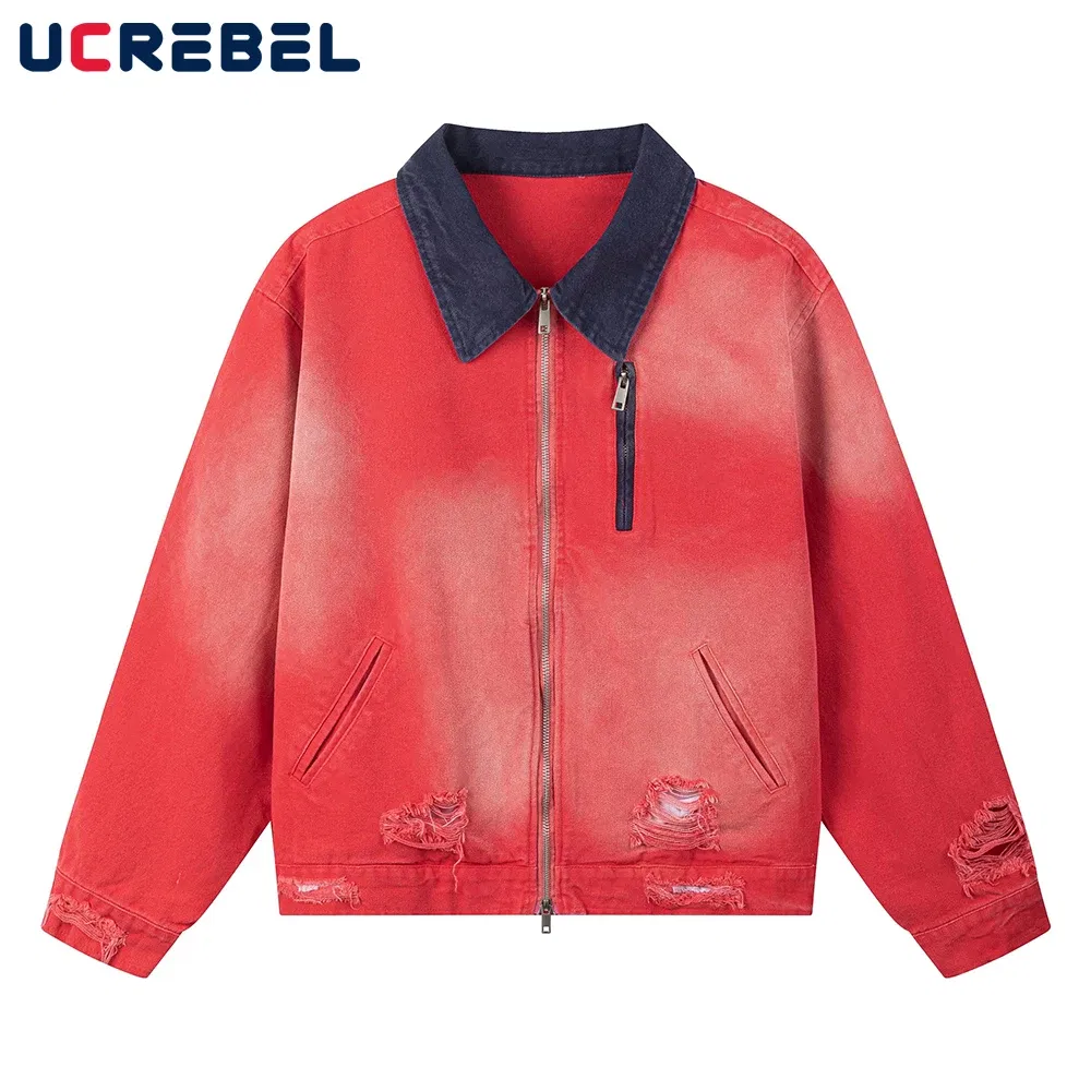 Color: Red, Size: M - Color Block Cargo Jacket Mens Ripped Spring Retro High Street Loose Lapel Long Sleeve Outerwear Men