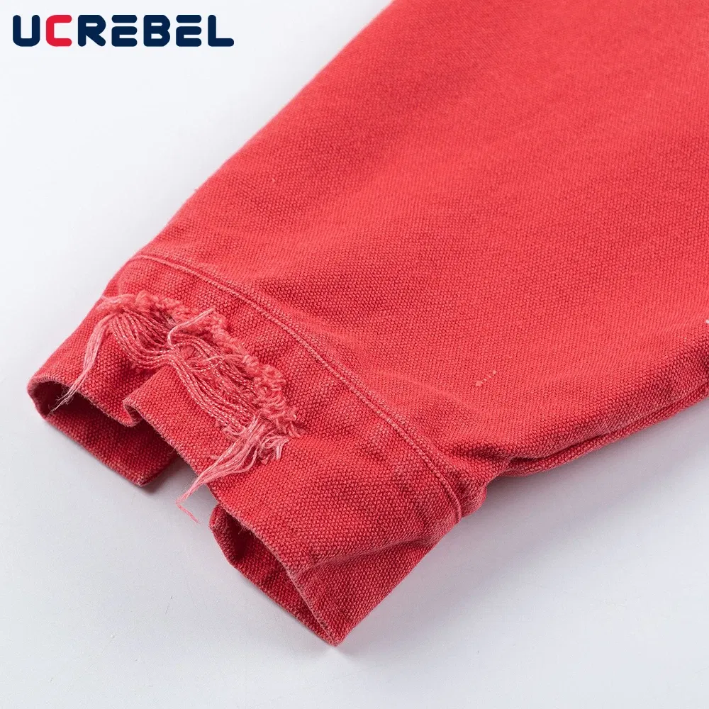 Color: Red, Size: M - Color Block Cargo Jacket Mens Ripped Spring Retro High Street Loose Lapel Long Sleeve Outerwear Men