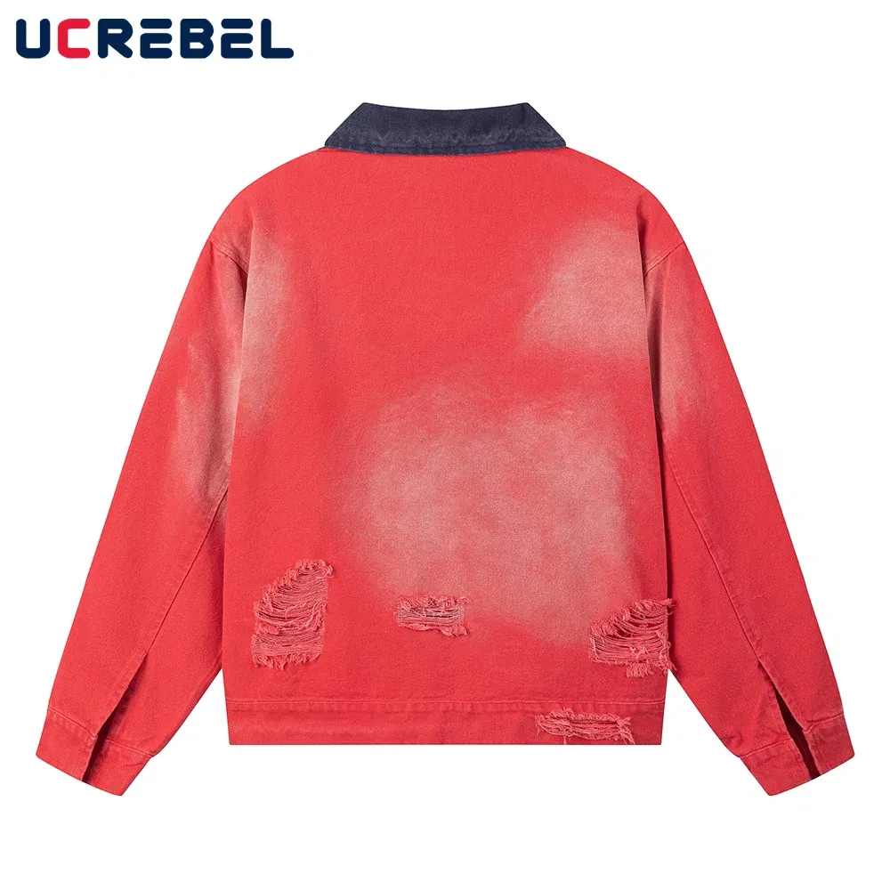 Color: Red, Size: M - Color Block Cargo Jacket Mens Ripped Spring Retro High Street Loose Lapel Long Sleeve Outerwear Men