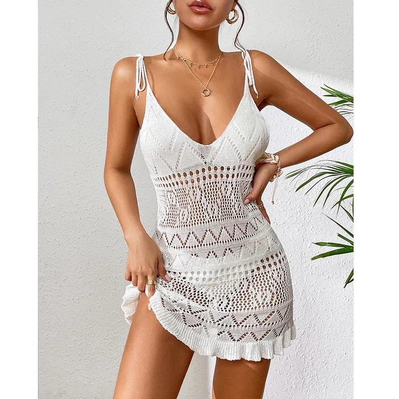 Color: WHITE, Size: One Size - Halter Dress Clothes Women Summer Solid Color Sleeveless Knitted Cover Up Backless Stylish Beach Dresses