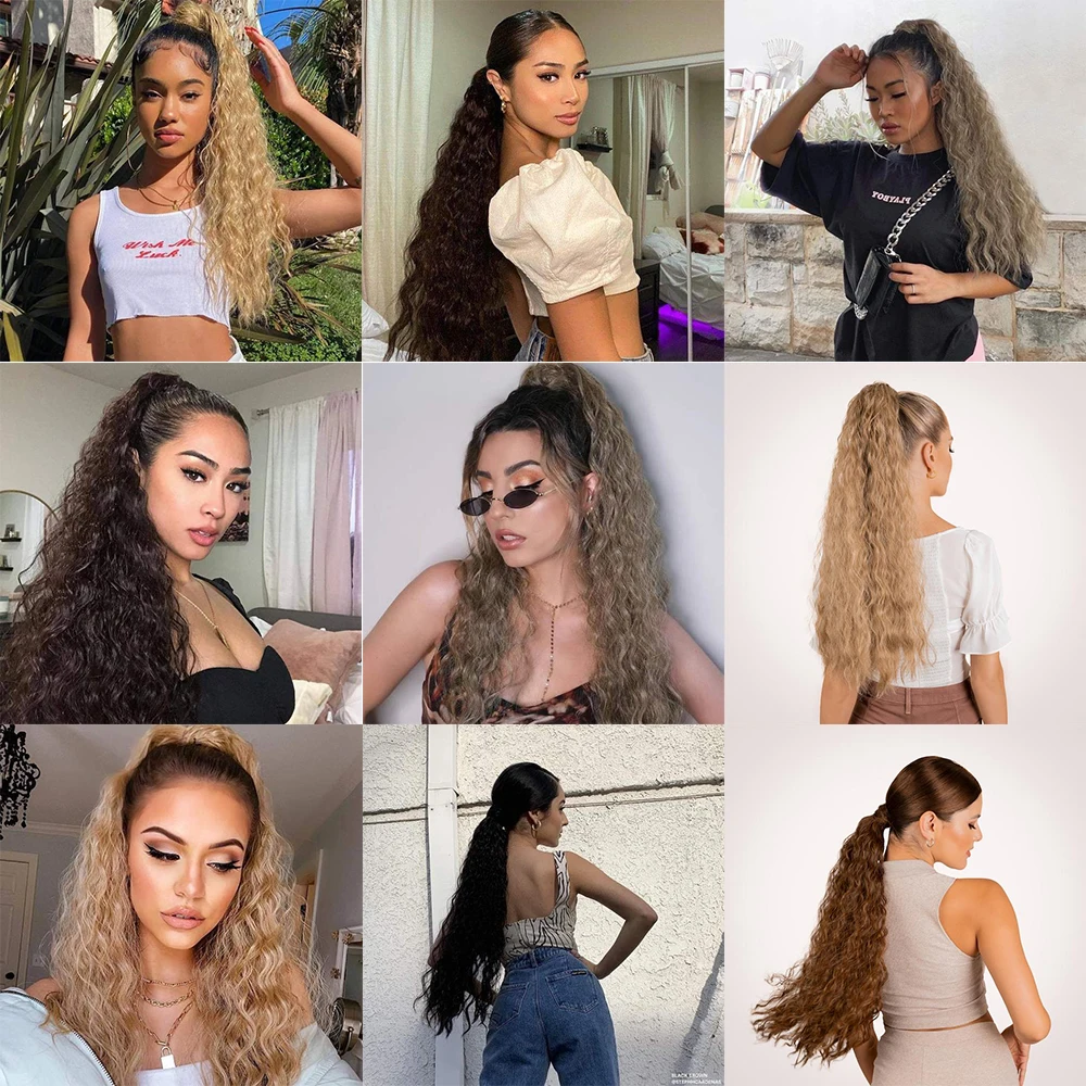 Color: T1/27, Stretched Length: 22inches - Synthetic Long Corn Wavy Ponytail Hairpiece Wrap on Hair Clip Ombre Brown Blonde Hair Extensions Pony Tail