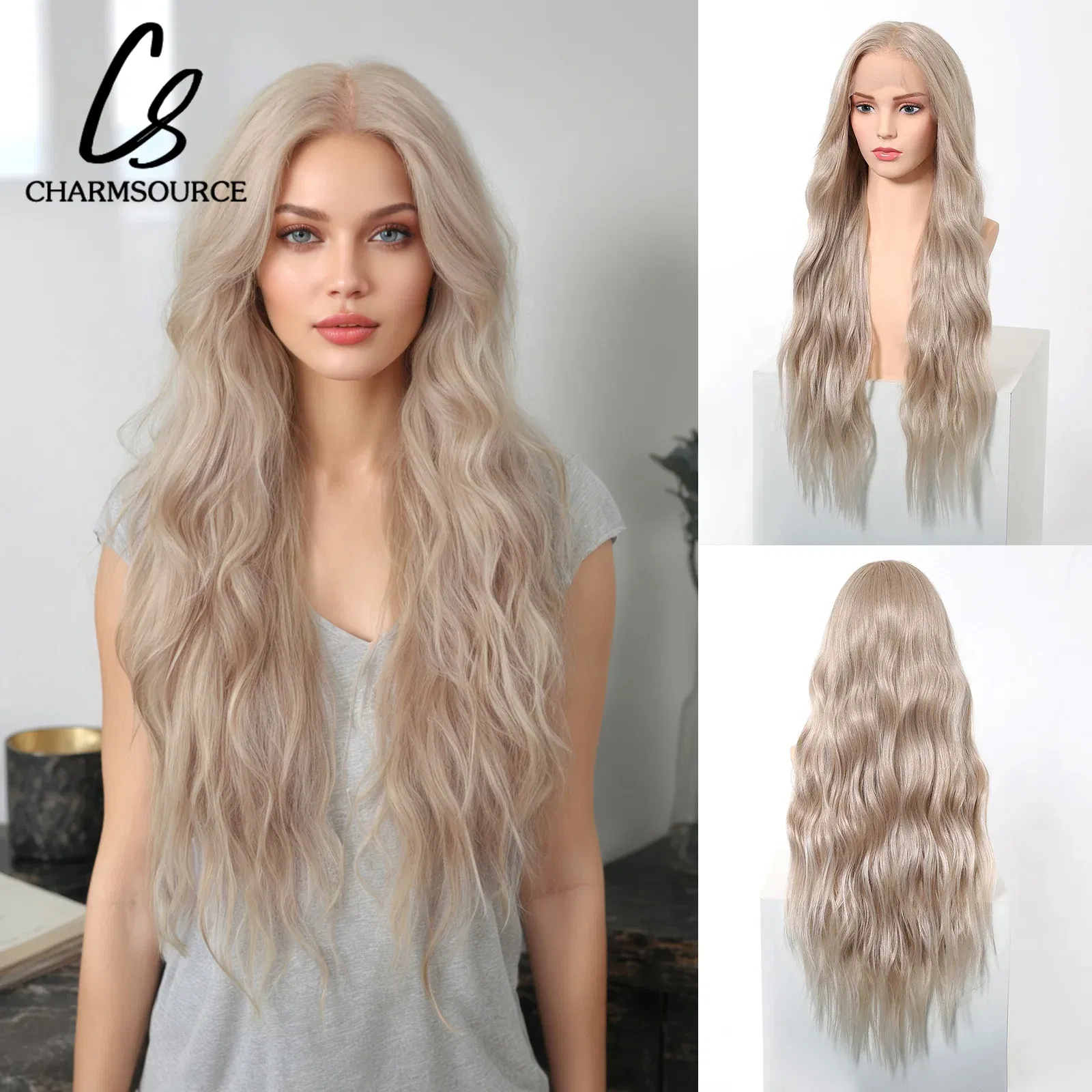 Color: #8, Bulk Buy: 1pc, Density: 150%, Ships From: CHINA - CharmSource 13x6 Lace Wig Long Wavy Brown Gray Wigs with Dark Root for Women Daily Party Cosplay Wedding High Density