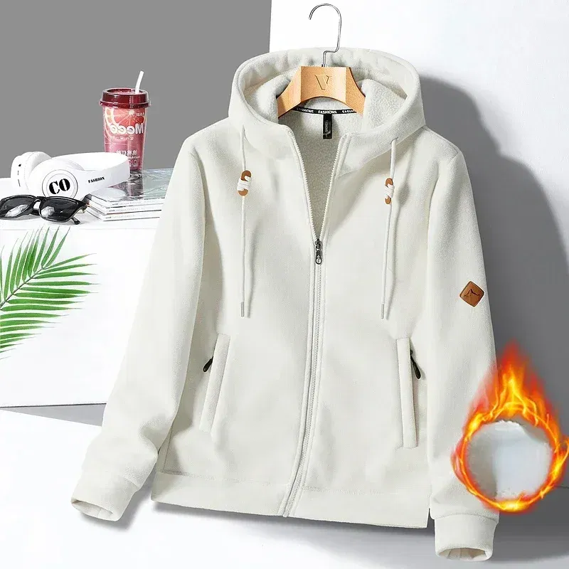 Color: Beige, Size: XXXL - Winter Warm Cashmere Jacket Mens High-end Ski Fleece Iined Thickened Hoodie Coat Casual Womens Outdoor Camping Cold-proof Jacket