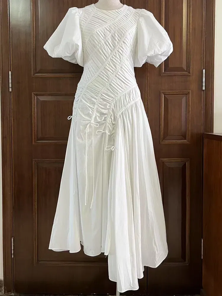 Color: Light Green, Size: S - 2025 summer women's new round neck lantern short sleeve irregular stitching drawstring dress slim dinner temperament long dress