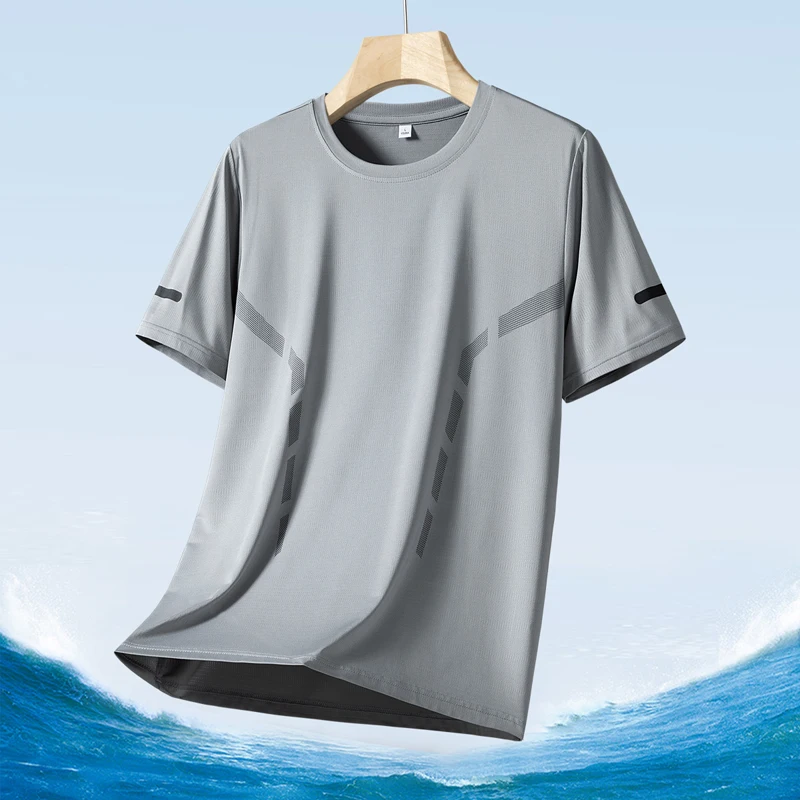 Color: Mint, Size: L - Men's Silk Ice Round Collar T-shirt, Simple Running Fitness Suit, Breathable Thin T-shirt, Quick Dry T-shirt, Summer