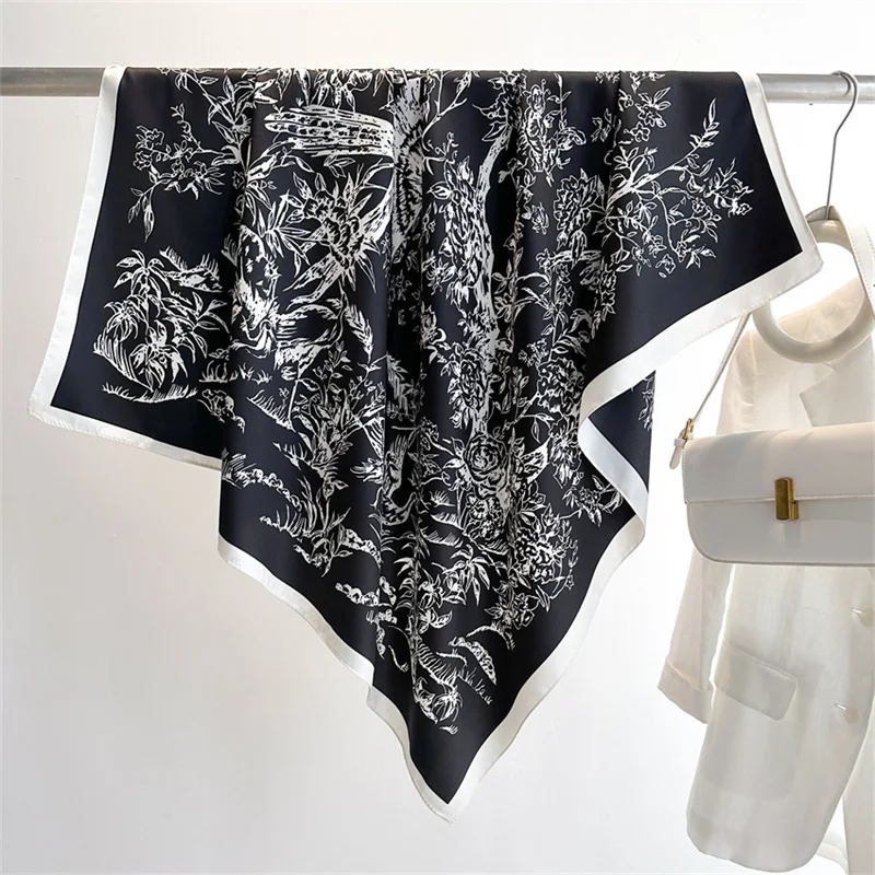 Color: black, Size: One Size, Ships From: CHINA - Ink Painting Silk Scarf 90cm Twill Scarves Large Square Sunscreen Shawl Headscarf for Women Hijab Luxury Bufanda Foulard