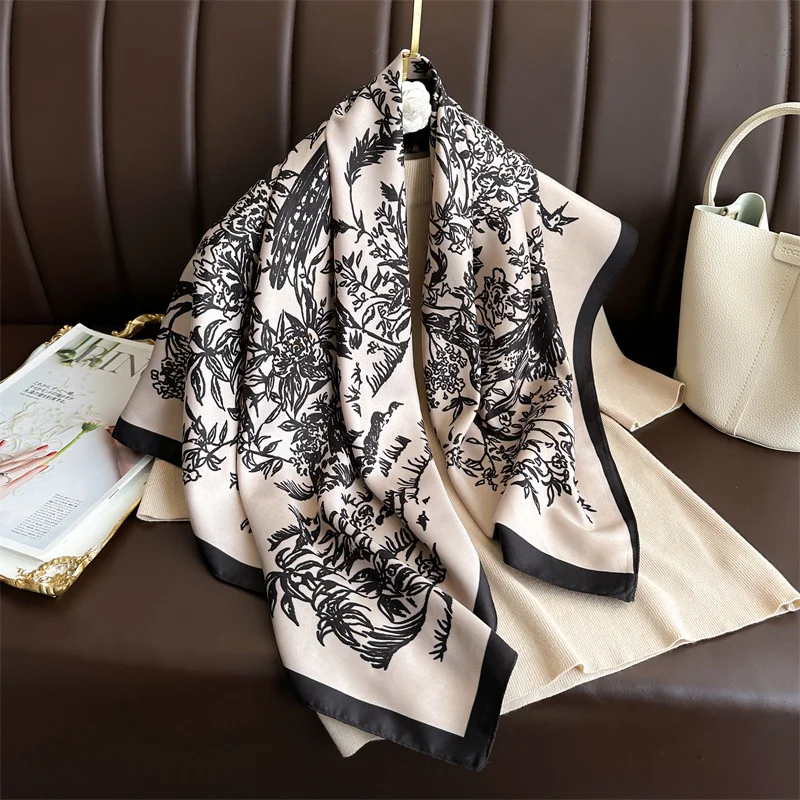Color: black, Size: One Size, Ships From: CHINA - Ink Painting Silk Scarf 90cm Twill Scarves Large Square Sunscreen Shawl Headscarf for Women Hijab Luxury Bufanda Foulard