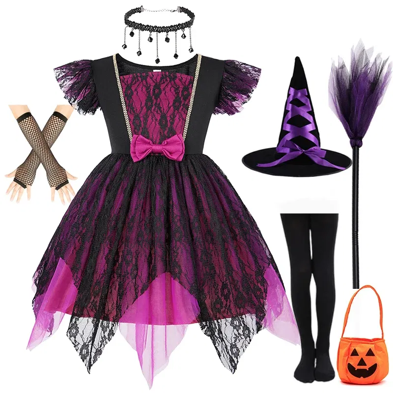 Color: MULTI, Kid Size: 4T - Halloween Witch Tutu Dress for Girls Handmade Mesh Bat Wizard Cosplay Costumes with Hat Broom Toddler Evil Party Clothes Set