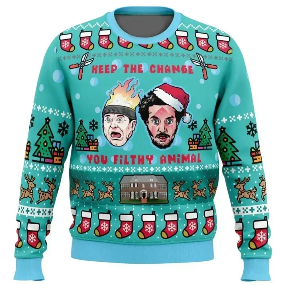 Color: SKY BLUE, Size: L - Home Alone Ugly Christmas Sweater Men Women Pullover Hot Sale Round Neck Long Sleeve Top Christmas Clothing 3D Funny Printed
