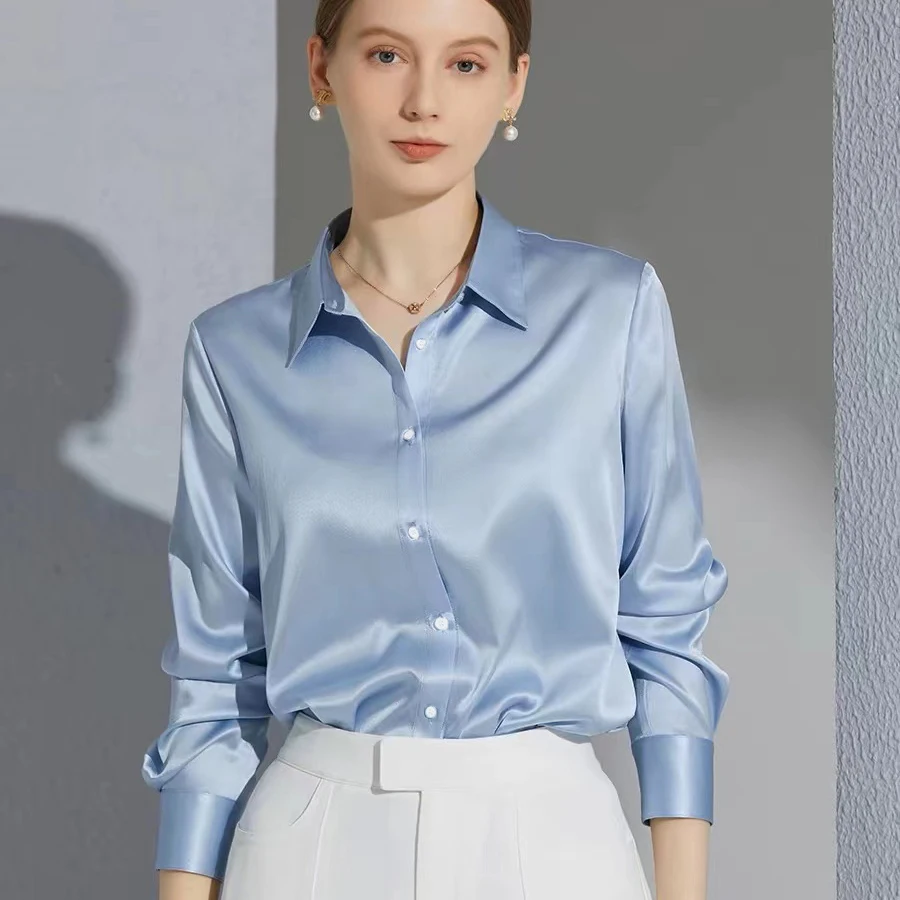 Color: GRAY, Size: XL - All-match Satin Finish Shirts And Blouses Women Clothing Casual Top OL Long Sleeve Button Elegant Shirts French Solid Blouses