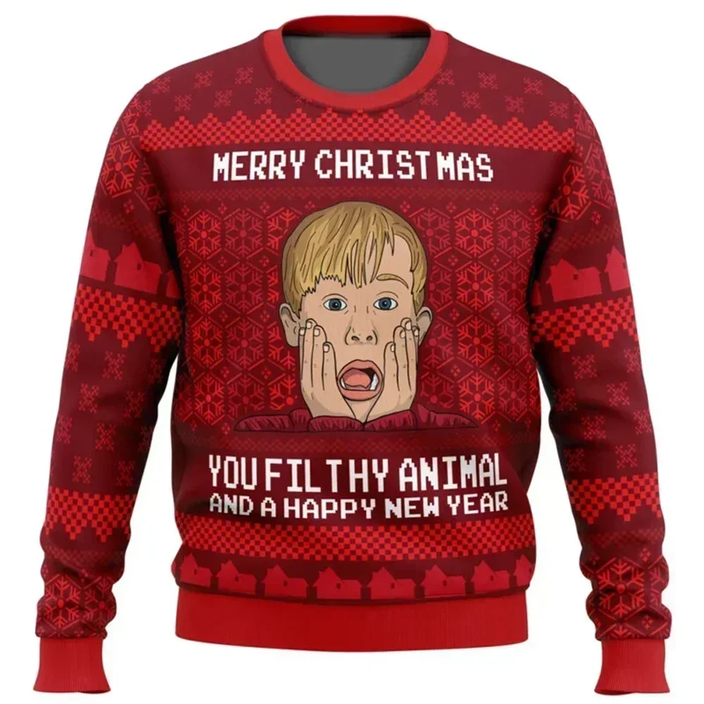 Color: Red, Size: XXL - Home Alone Ugly Christmas Sweater Men Women Pullover Hot Sale Round Neck Long Sleeve Top Christmas Clothing 3D Funny Printed