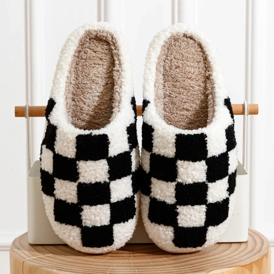 Color: Pink, Shoe Size: 3.5 - New Fuzzy Slippers Fashion Checker Indoor Embroidery Houseshoes Cozy Woman Winter Fluffy House Retro Checkered Print Shoes