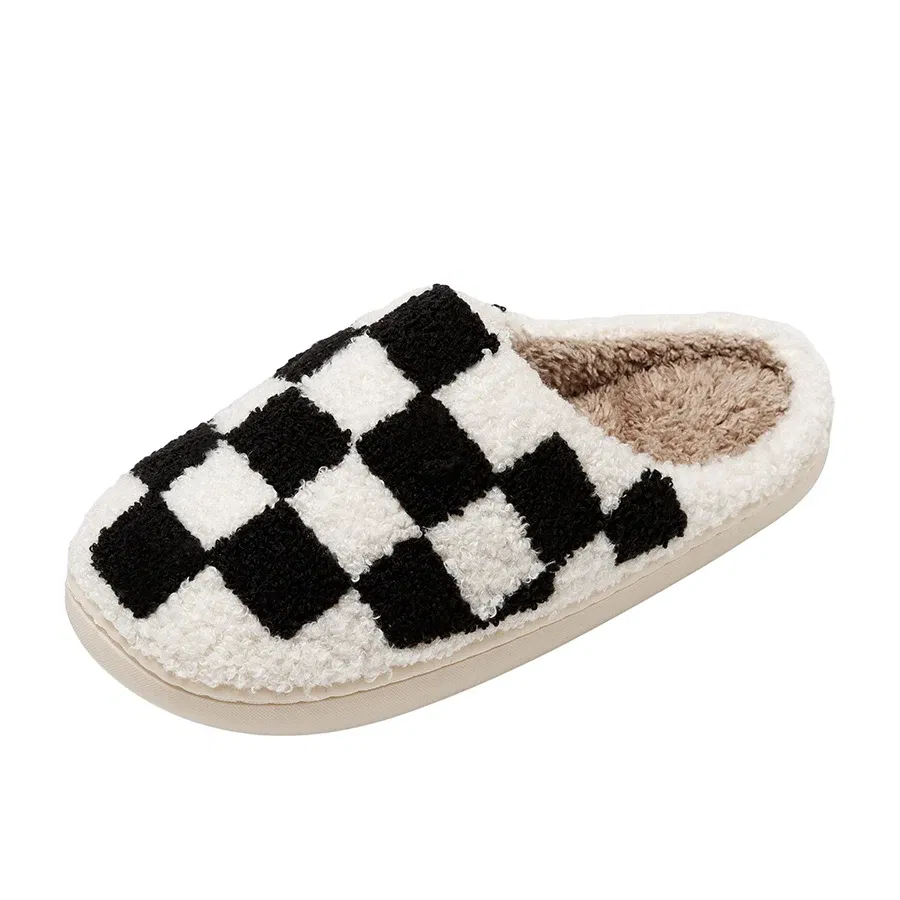 Color: Pink, Shoe Size: 3.5 - New Fuzzy Slippers Fashion Checker Indoor Embroidery Houseshoes Cozy Woman Winter Fluffy House Retro Checkered Print Shoes