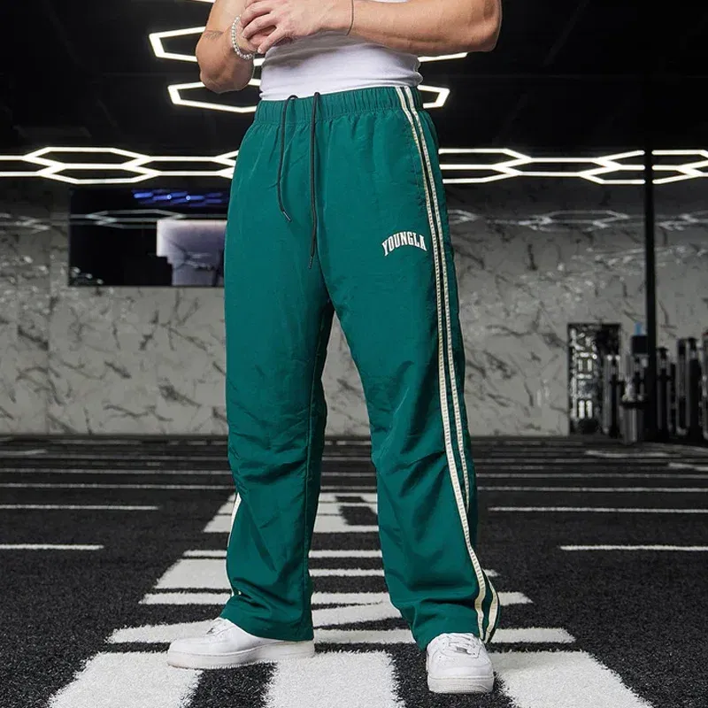 Color: Blue, Size: L - Jogger Men's Sweatpants Gym Sports Fitness Splicing Strips Printing Mid Waist Casual Pants Ya Fashion Men Clothing Wide Leg Pan