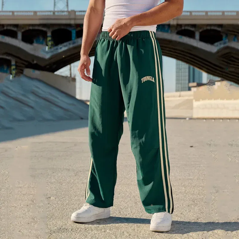 Color: Blue, Size: L - Jogger Men's Sweatpants Gym Sports Fitness Splicing Strips Printing Mid Waist Casual Pants Ya Fashion Men Clothing Wide Leg Pan