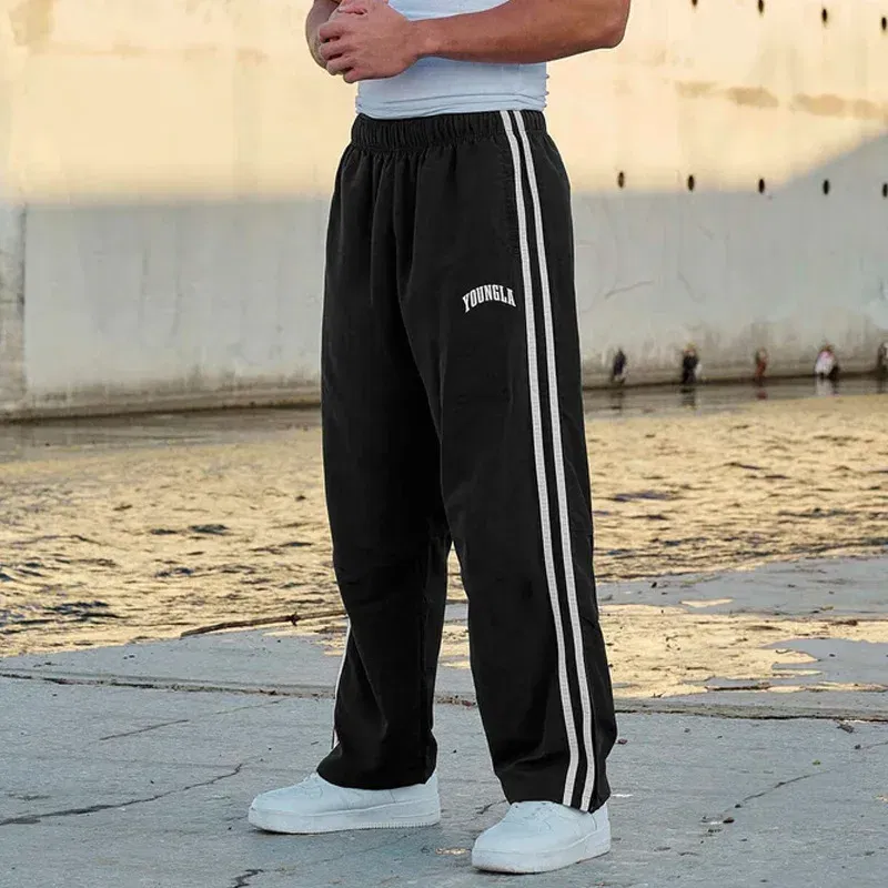 Color: Blue, Size: L - Jogger Men's Sweatpants Gym Sports Fitness Splicing Strips Printing Mid Waist Casual Pants Ya Fashion Men Clothing Wide Leg Pan