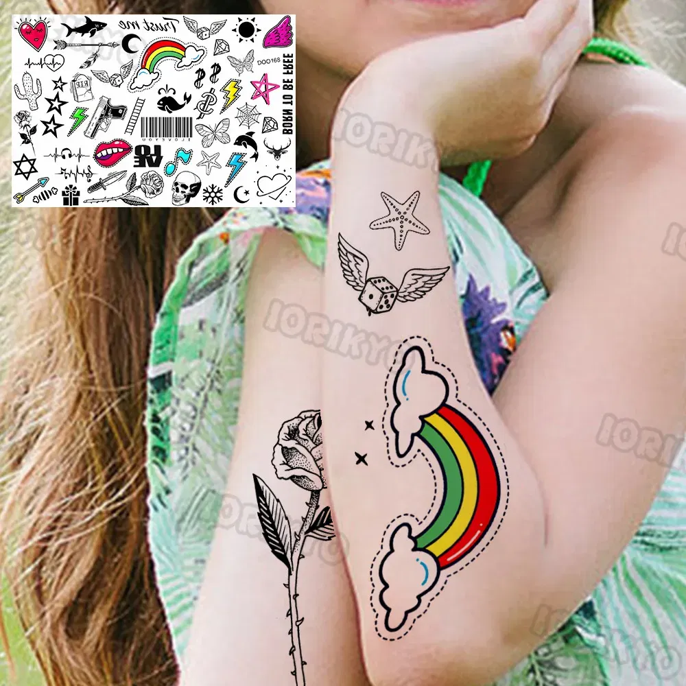 Color: Mixed Color - Sexy Red Lips Flower Temporary Tattoo For Kids Boys Girls Adult Small Rose Butterfly Tattoos Sticker Fake Tatoos Arm Neck Face