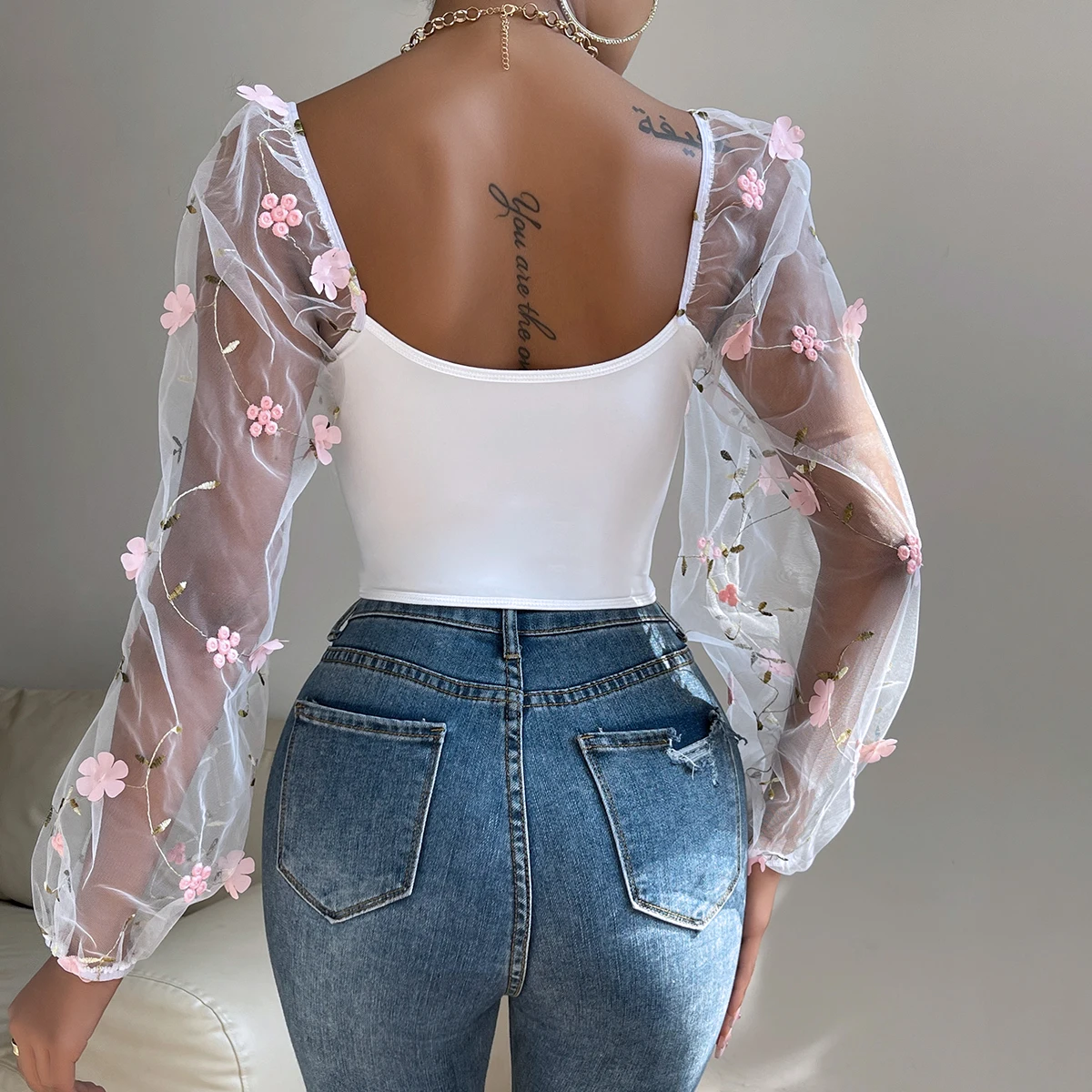 Color: PURPLE, Size: L - Vemina Sexy?‹ Embroidery Long Sleeve Slim Tops For Women Summer,Hollow Mesh Sheer Backless Puff Sleeve Fishbone Skinny Crop Top