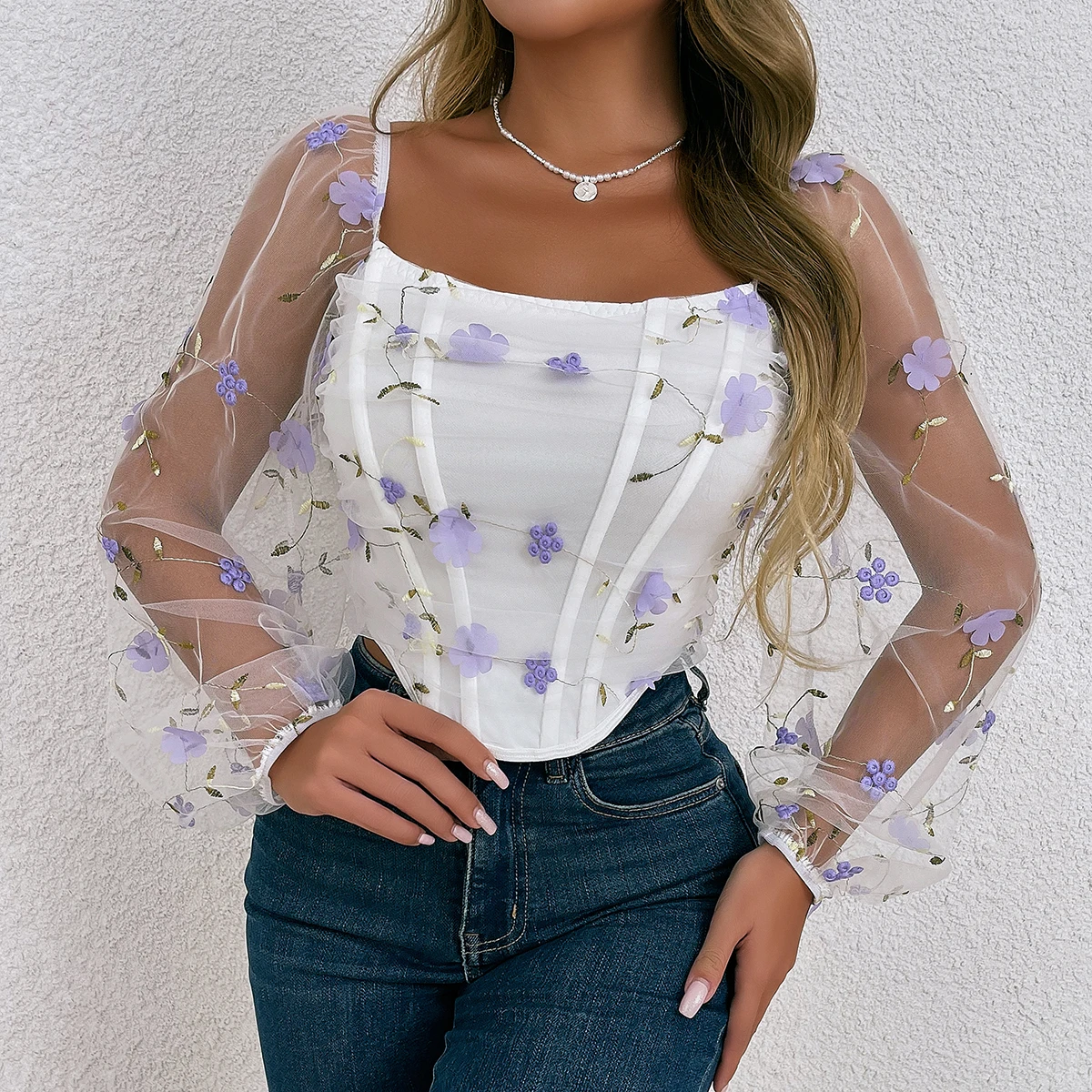 Color: PURPLE, Size: L - Vemina Sexy?‹ Embroidery Long Sleeve Slim Tops For Women Summer,Hollow Mesh Sheer Backless Puff Sleeve Fishbone Skinny Crop Top