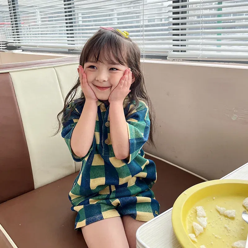 Color: Army Green, Kid Size: 5T - 2024 INS Children's T-shirt Summer Girls Korean Style Sweet and Cute Dress Polo Top Waffle Set Clothing
