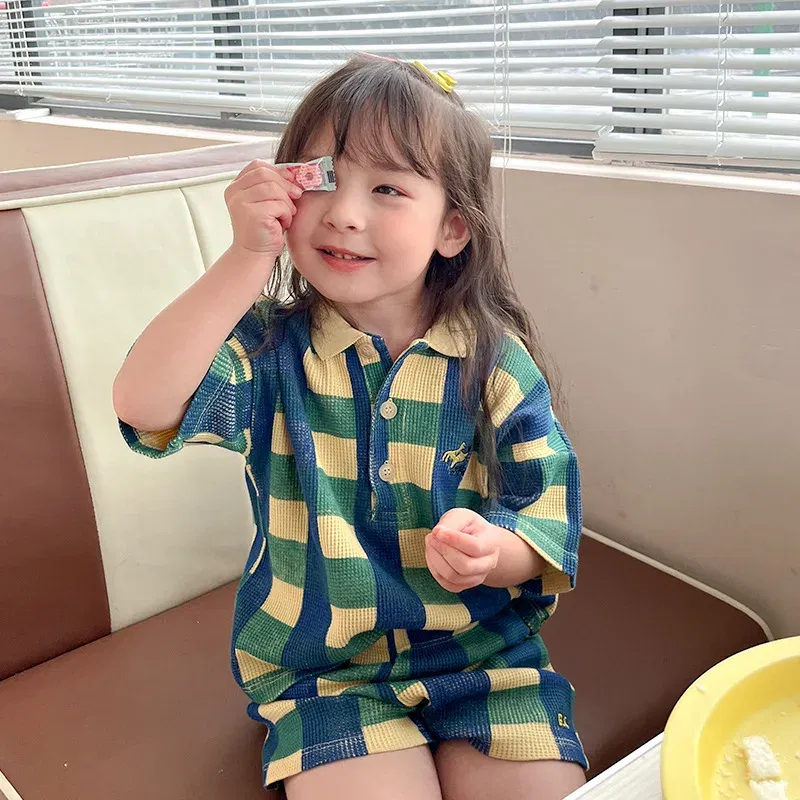 Color: Army Green, Kid Size: 5T - 2024 INS Children's T-shirt Summer Girls Korean Style Sweet and Cute Dress Polo Top Waffle Set Clothing