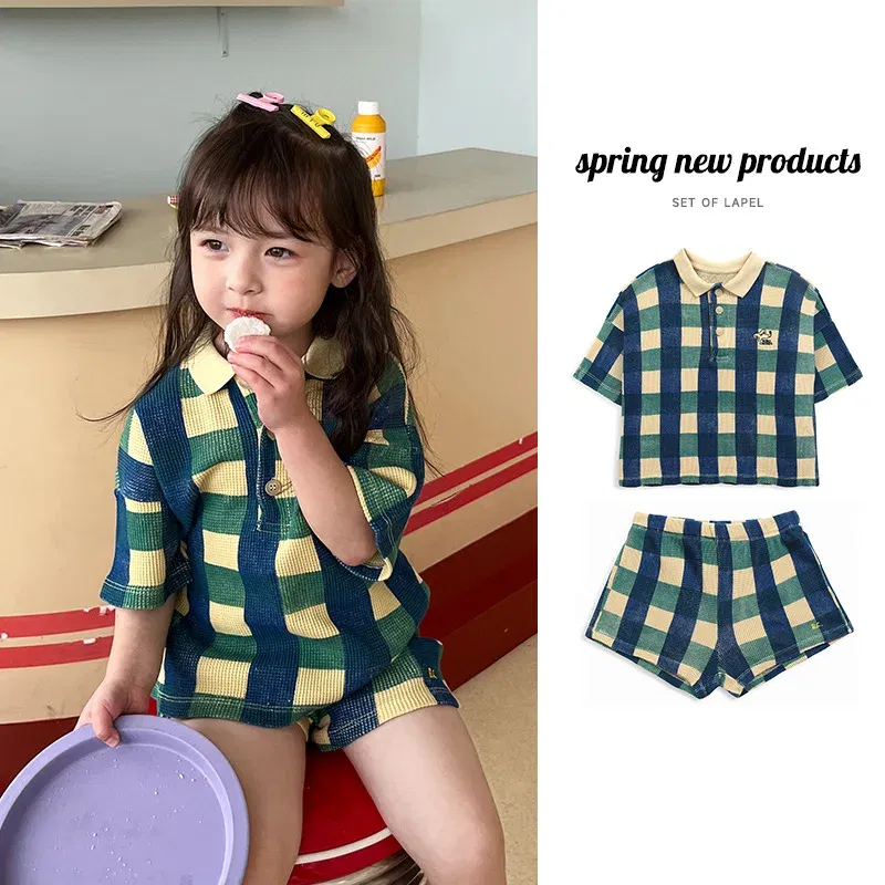 Color: Army Green, Kid Size: 5T - 2024 INS Children's T-shirt Summer Girls Korean Style Sweet and Cute Dress Polo Top Waffle Set Clothing