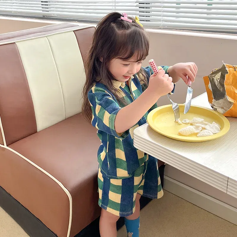 Color: Army Green, Kid Size: 5T - 2024 INS Children's T-shirt Summer Girls Korean Style Sweet and Cute Dress Polo Top Waffle Set Clothing