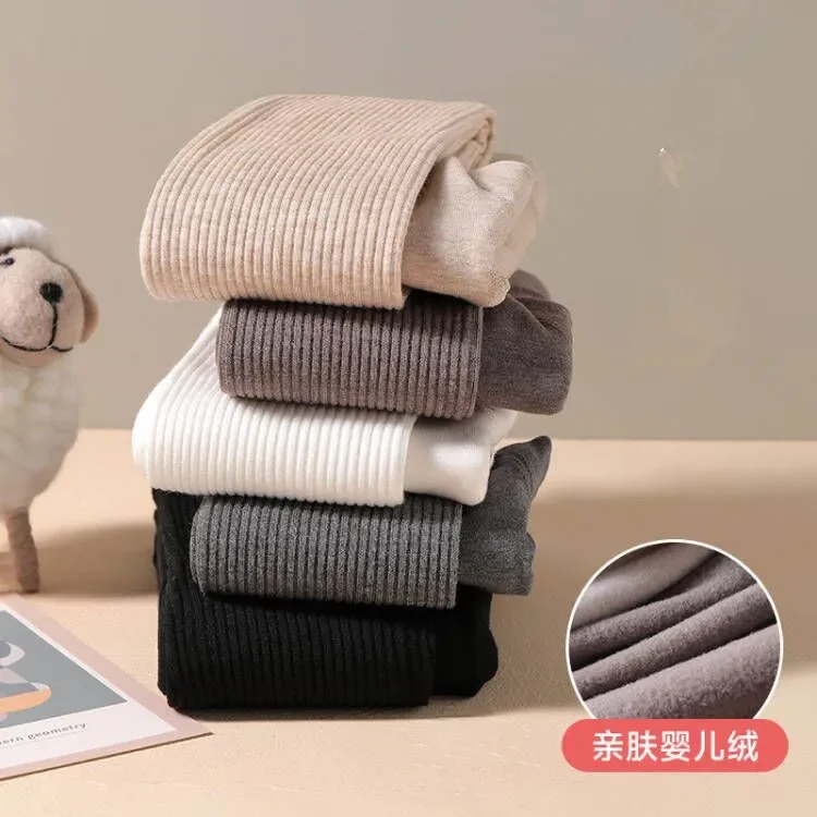 Color: WHITE, Size: XXS - Autumn Winter New Thin Plush Vertical Stripe Solid Color Girls' Pantyhose With Plush Warm Children's Bottom Socks and Panties