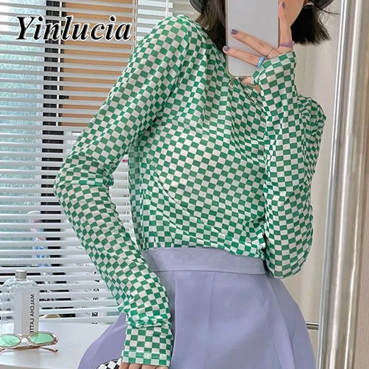 Color: black, Size: L, Ships From: CN - Checkerboard Tee Elastic Slim Tops Women Blouses Sexy Mesh Ice Silk Thin Base Shirt Blouse Hot Babes Pullover Y2K Street Wear