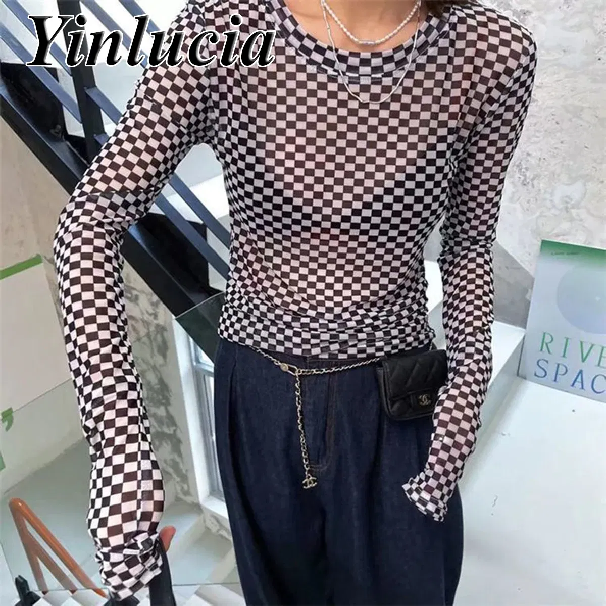 Color: black, Size: L, Ships From: CN - Checkerboard Tee Elastic Slim Tops Women Blouses Sexy Mesh Ice Silk Thin Base Shirt Blouse Hot Babes Pullover Y2K Street Wear
