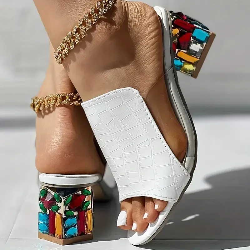 Color: WHITE, Shoe Size: 41 - Women Crystal Sandals 2024 New Spring Summer Open Toe Sandals Square Heels Beach Fashion Sandals Women Sandalias De Mujer