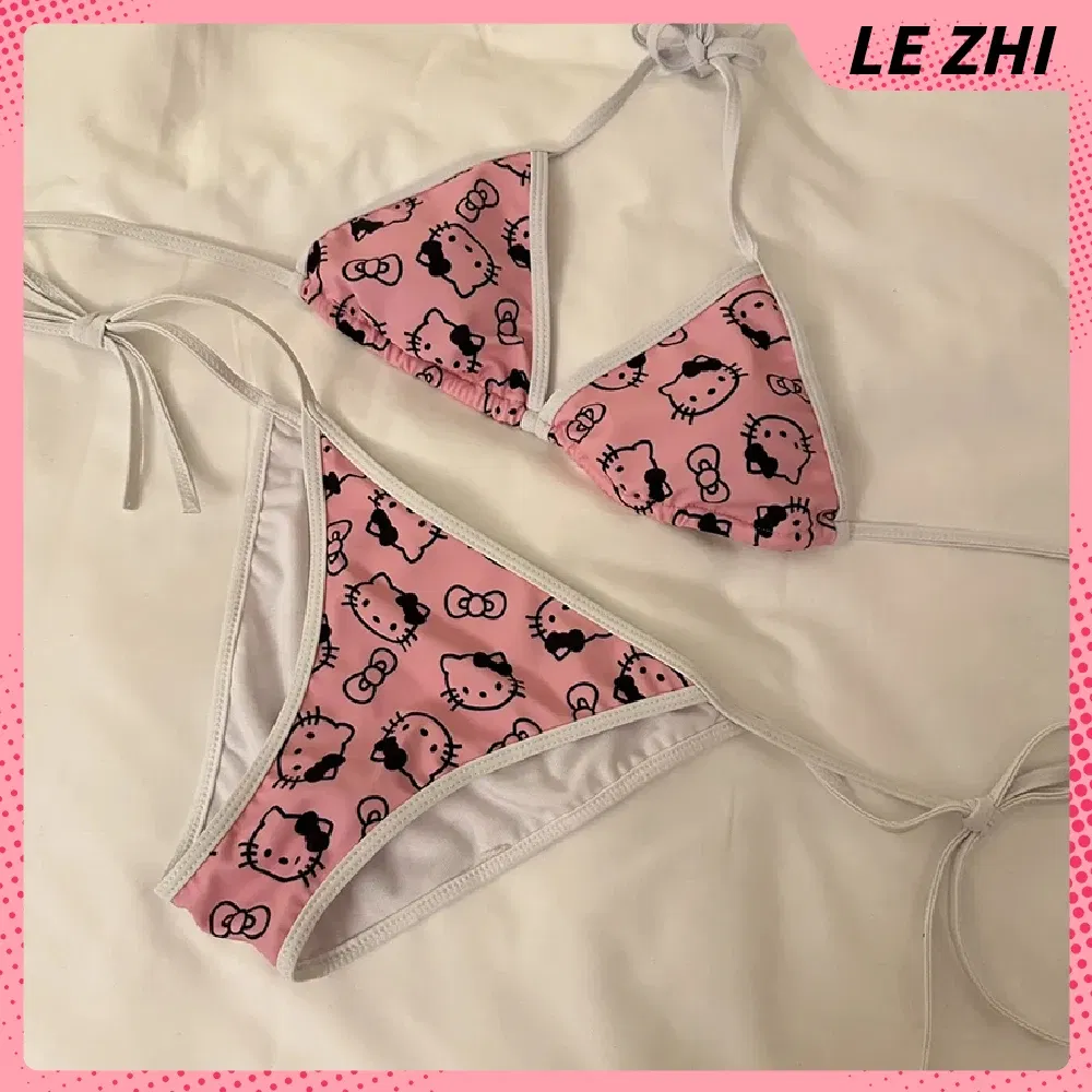 Color: Deep Sapphire, Size: S - Kawaii Hello Kitty Bikini Cartoon Printing Two-piece Swimsuit Euro-american Spice Girl Underwear Sexy Bikini Holiday Gift