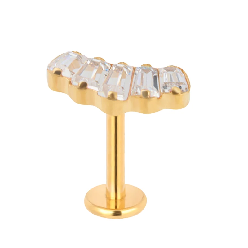 Metal color: Light Yellow Gold Color, Main Stone Color: Pink, Ships From: CHINA - G23 Titanium Ear Studs 5 Oblong CZ Blaze Curve Top Threaded Labret PIERC Lip Stud Ear Cartilage Tragus Helix Piercing Jewelry