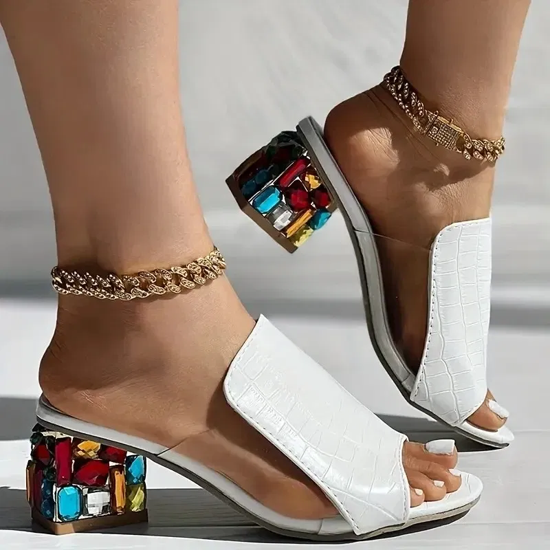 Color: WHITE, Shoe Size: 43 - Women Crystal Sandals 2024 New Spring Summer Open Toe Sandals Square Heels Beach Fashion Sandals Women Sandalias De Mujer