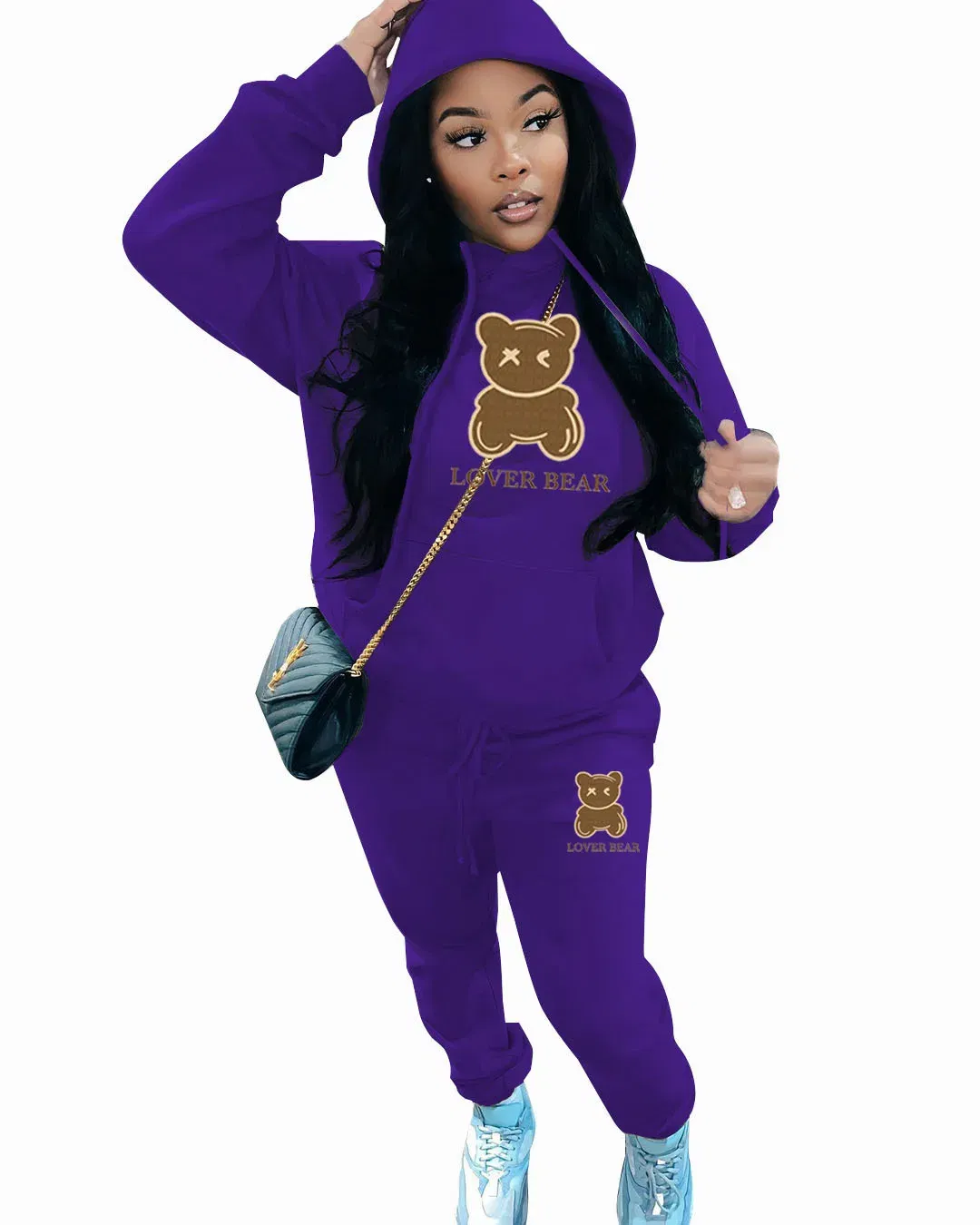 Color: PURPLE, Size: L - 2 Piece Set Women Outfit Letter Bear Print Hooded Neck Hoodies Sweatshirt Pants Tracksuit 2024 Plus Size Streetwear Casual Suit