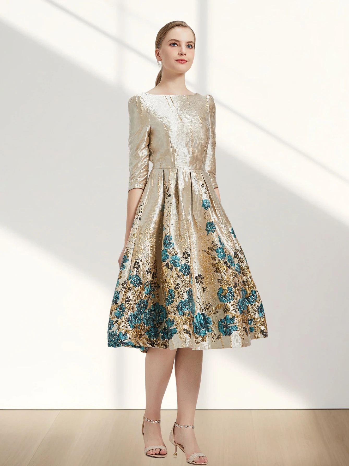 Color: Beige, Size: XL - Women Luxury Floral Jacquard Dress 2024 New Fashion Sleeve Party Long Brocade Elegant Casual Girls Evening Clothing