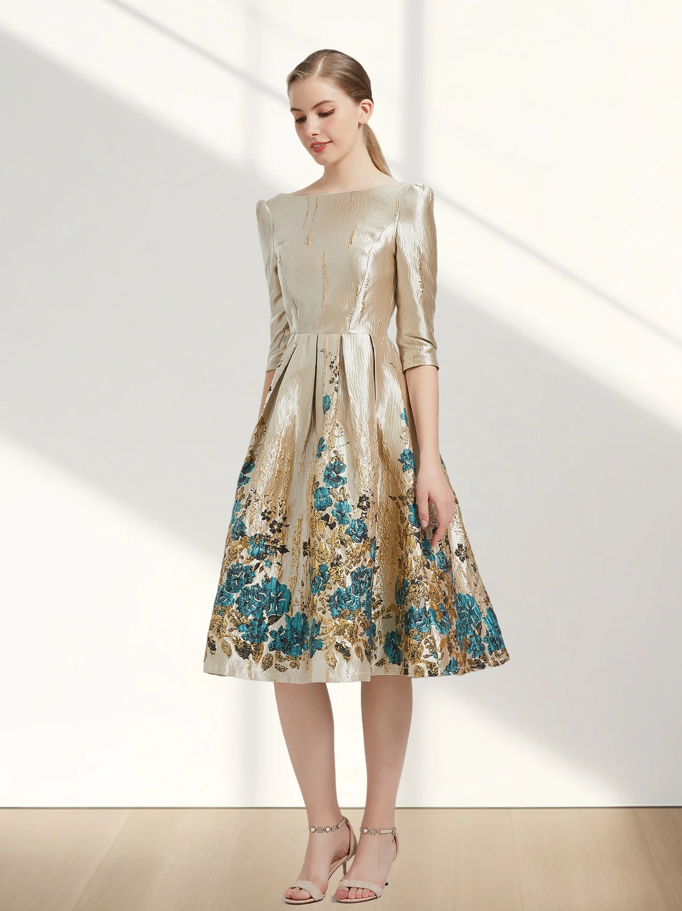 Color: Beige, Size: XL - Women Luxury Floral Jacquard Dress 2024 New Fashion Sleeve Party Long Brocade Elegant Casual Girls Evening Clothing