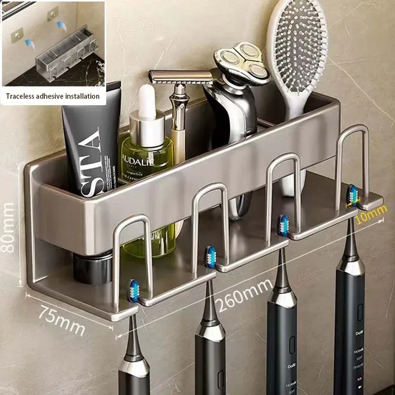 Color: DARK GRAY - Toothbrush Holder Wall Mounted Toothpaste Dispenser Aluminium Electric Hair Brushes Storage Bathroom Accessories House Organizer