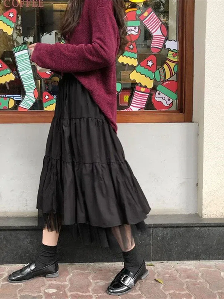 Color: black, Size: XL - Long Tulle Midi Skirts Womens Autumn Elastic High Waist Mesh Tutu Pleated Skirts Female Black White Long Skirt Streetwear