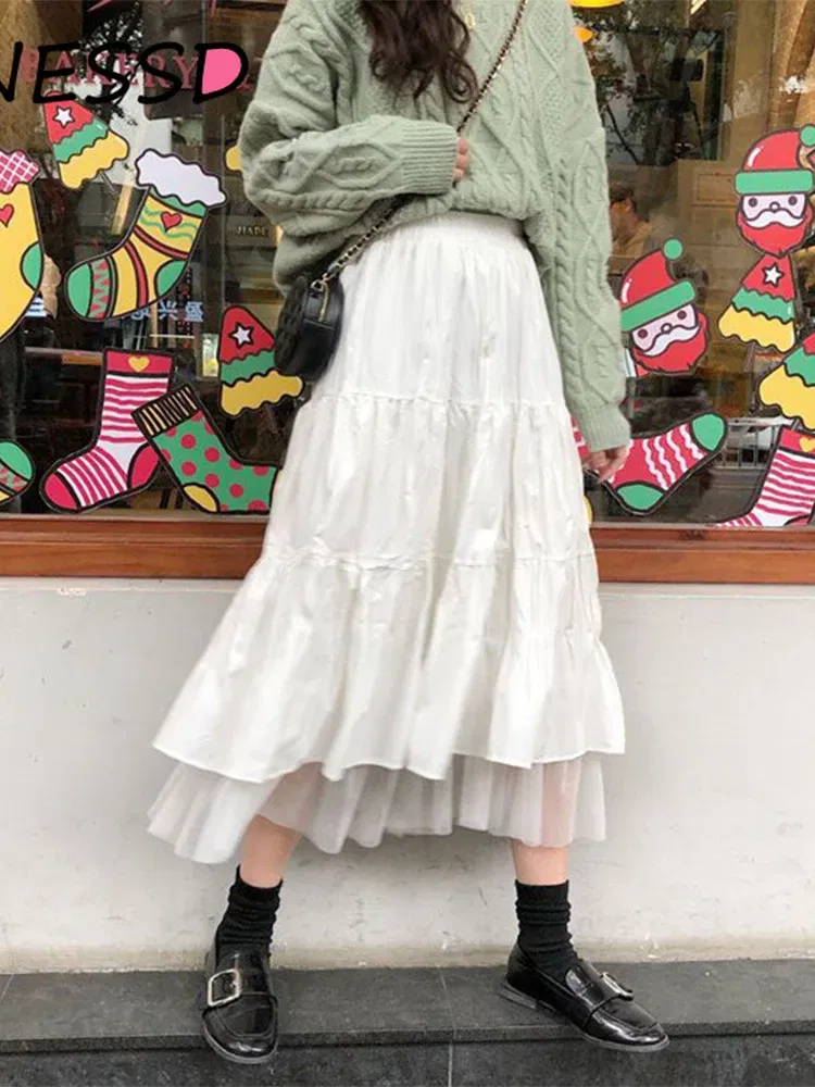 Color: black, Size: XL - Long Tulle Midi Skirts Womens Autumn Elastic High Waist Mesh Tutu Pleated Skirts Female Black White Long Skirt Streetwear