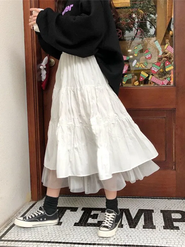 Color: black, Size: XL - Long Tulle Midi Skirts Womens Autumn Elastic High Waist Mesh Tutu Pleated Skirts Female Black White Long Skirt Streetwear