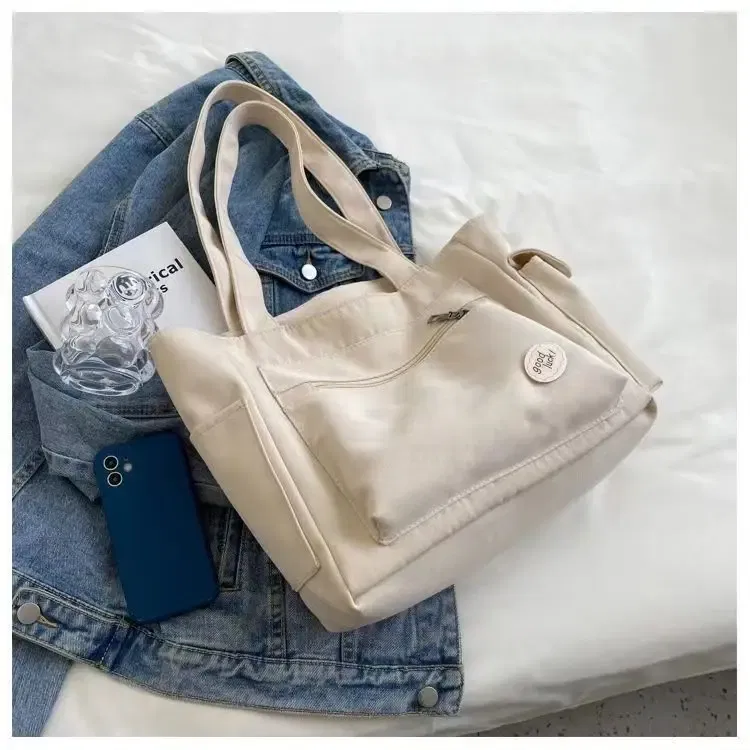 Color: Beige - Women's Fashion Shoulder Bag Class Large Capacity Student Tote Bag New Canvas Commuter Handbag Carrying Bags cabas eco bag